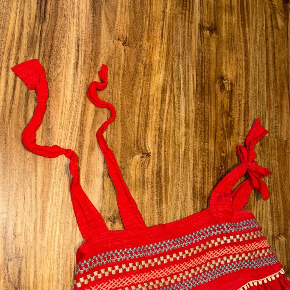 THML women’s large tank top embroidered boho red Vibrant Red tan white boutique - Picture 5 of 9
